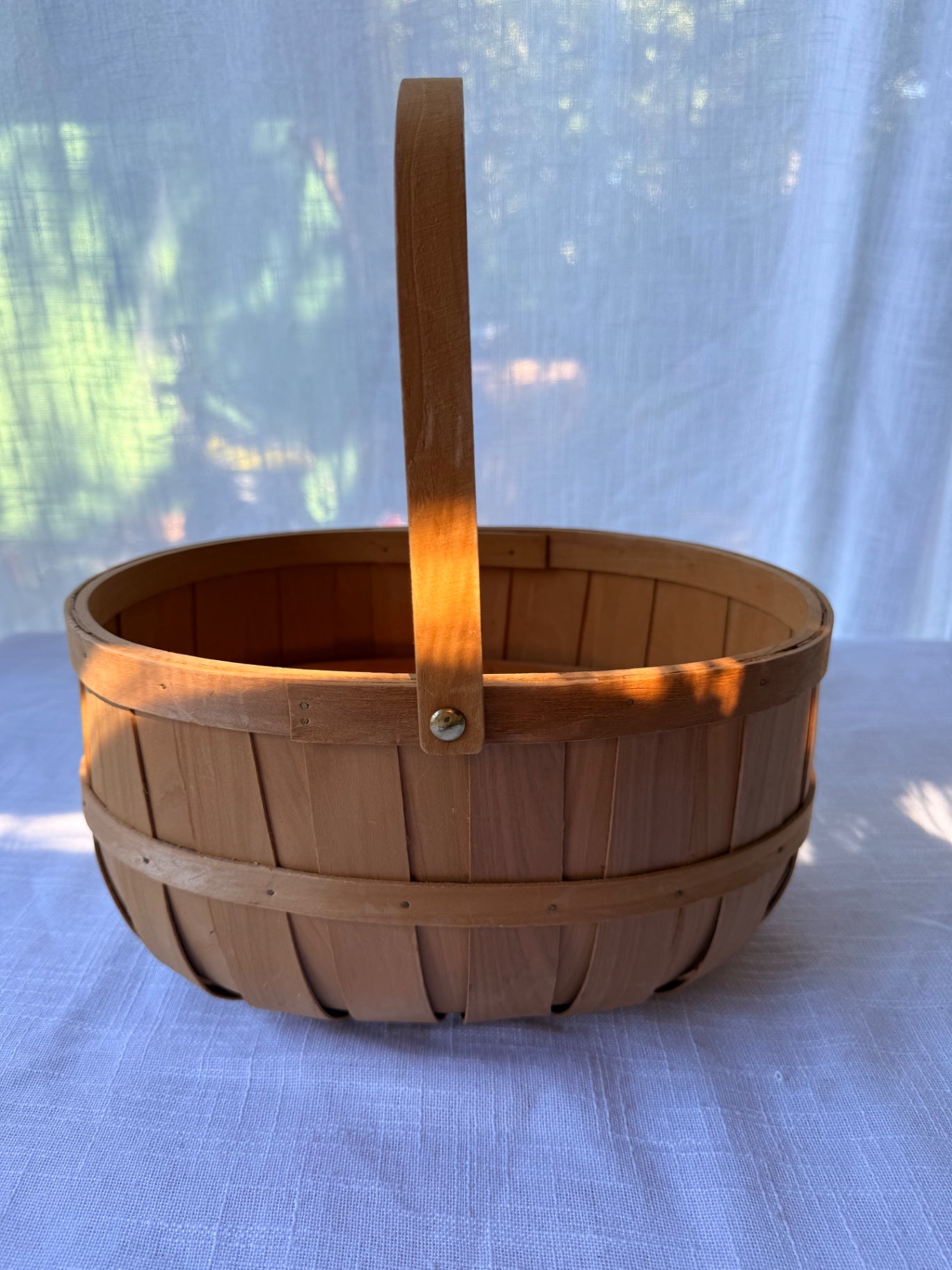 Decorative Oval Bentwood Slat Gathering Basket with Overhead Handle