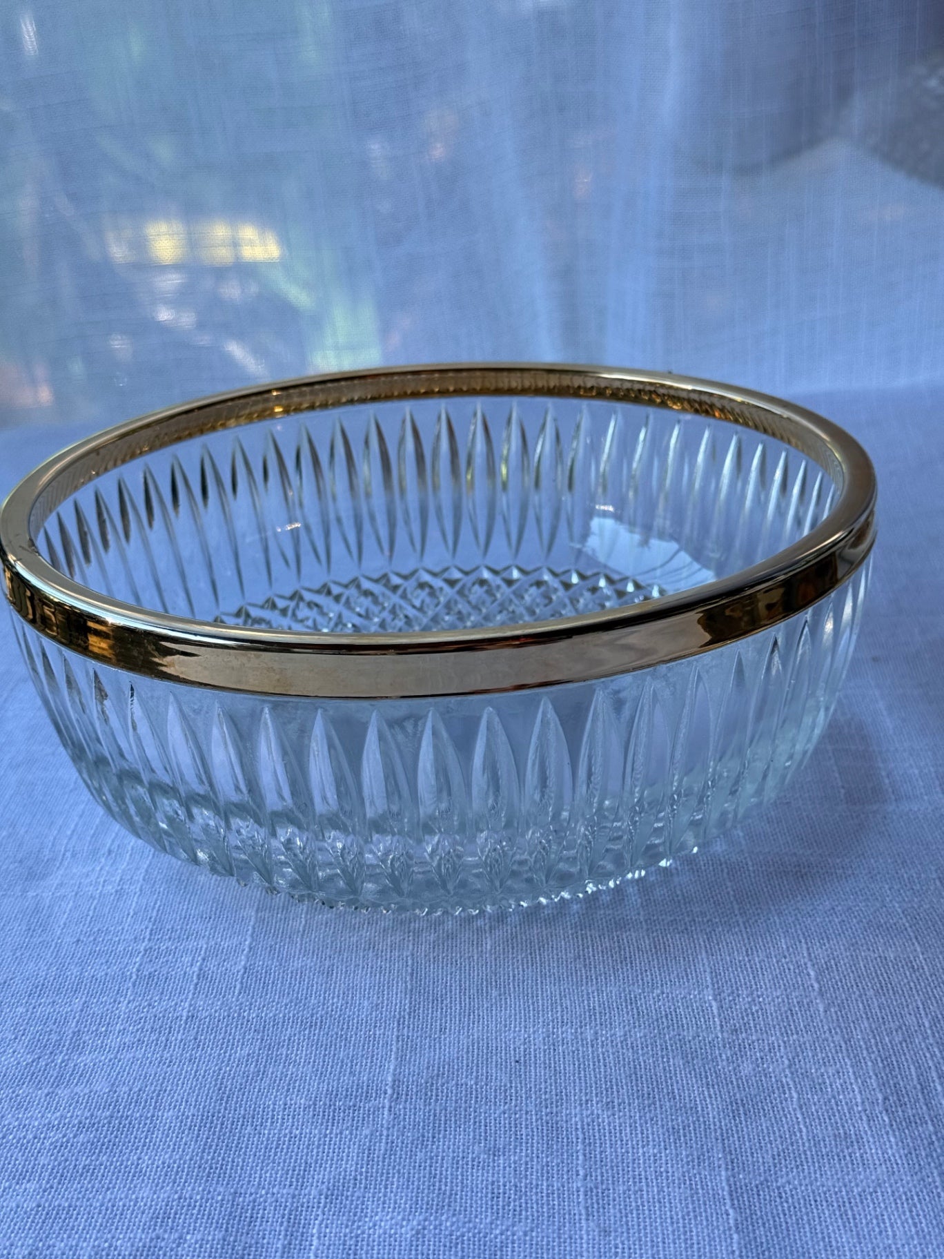 Vintage Clear Cut Glass Salad & Fruit Serving Bowl with Gold Trim Rim