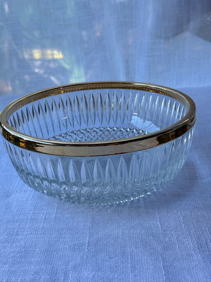 Vintage Clear Cut Glass Salad & Fruit Serving Bowl with Gold Trim Rim