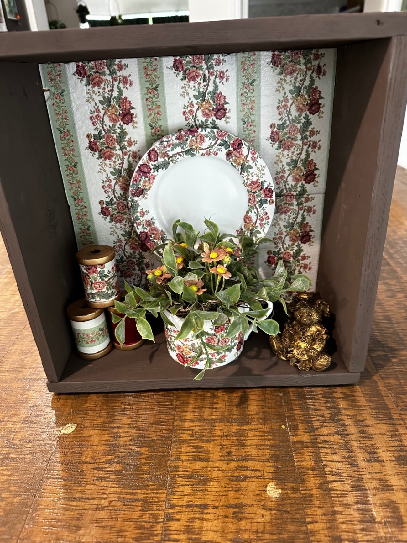 Brown wooden box teacup and saucer spools of thread and bear