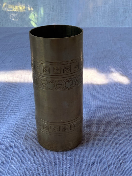 Vintage Solid Brass Etched Cylindrical Vessel / Tumbler Vase