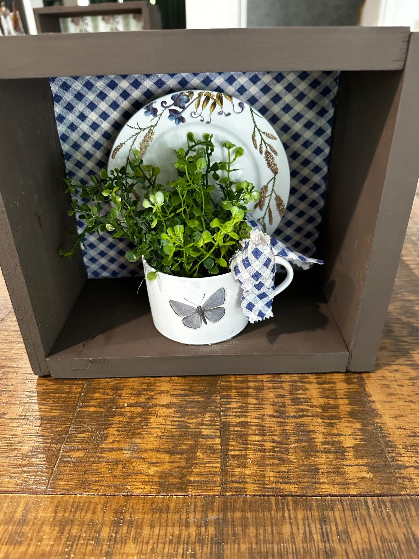 Brown box with tea cup and saucer 