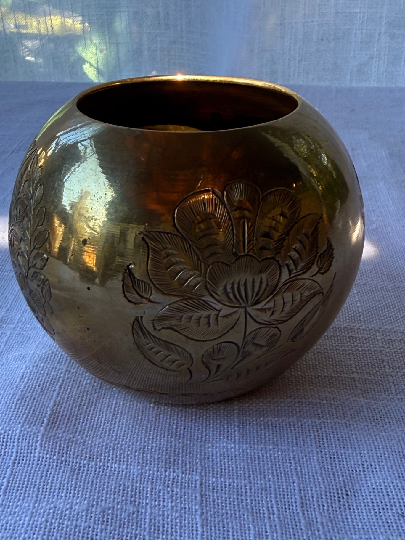 Vintage Etched Brass Floral Globe Vase
