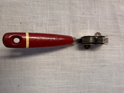 Vintage Handheld Rotary Disc Knife Sharpener | Red Painted Wood Handle with Cream Stripe