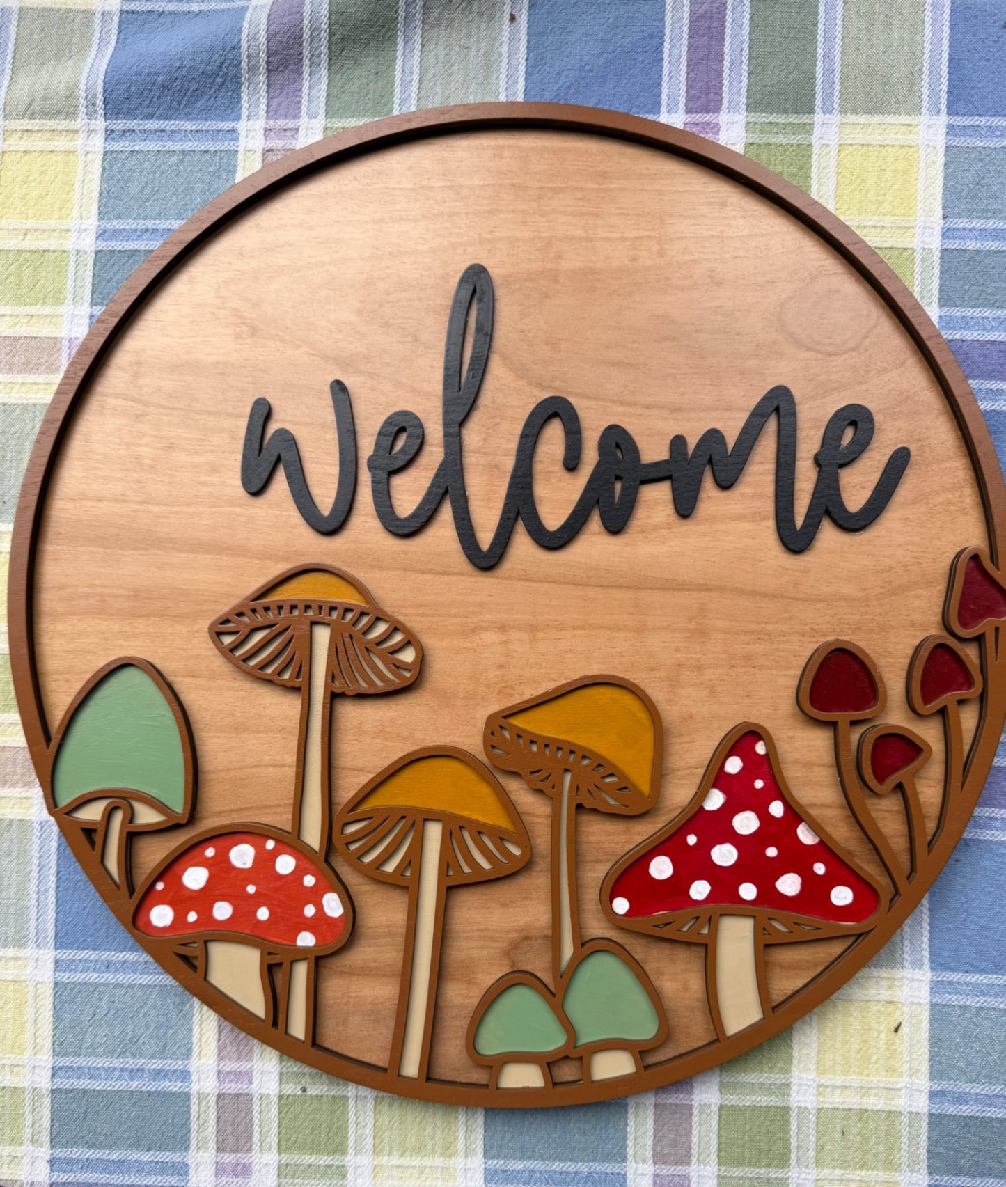 Mushroom welcome sign