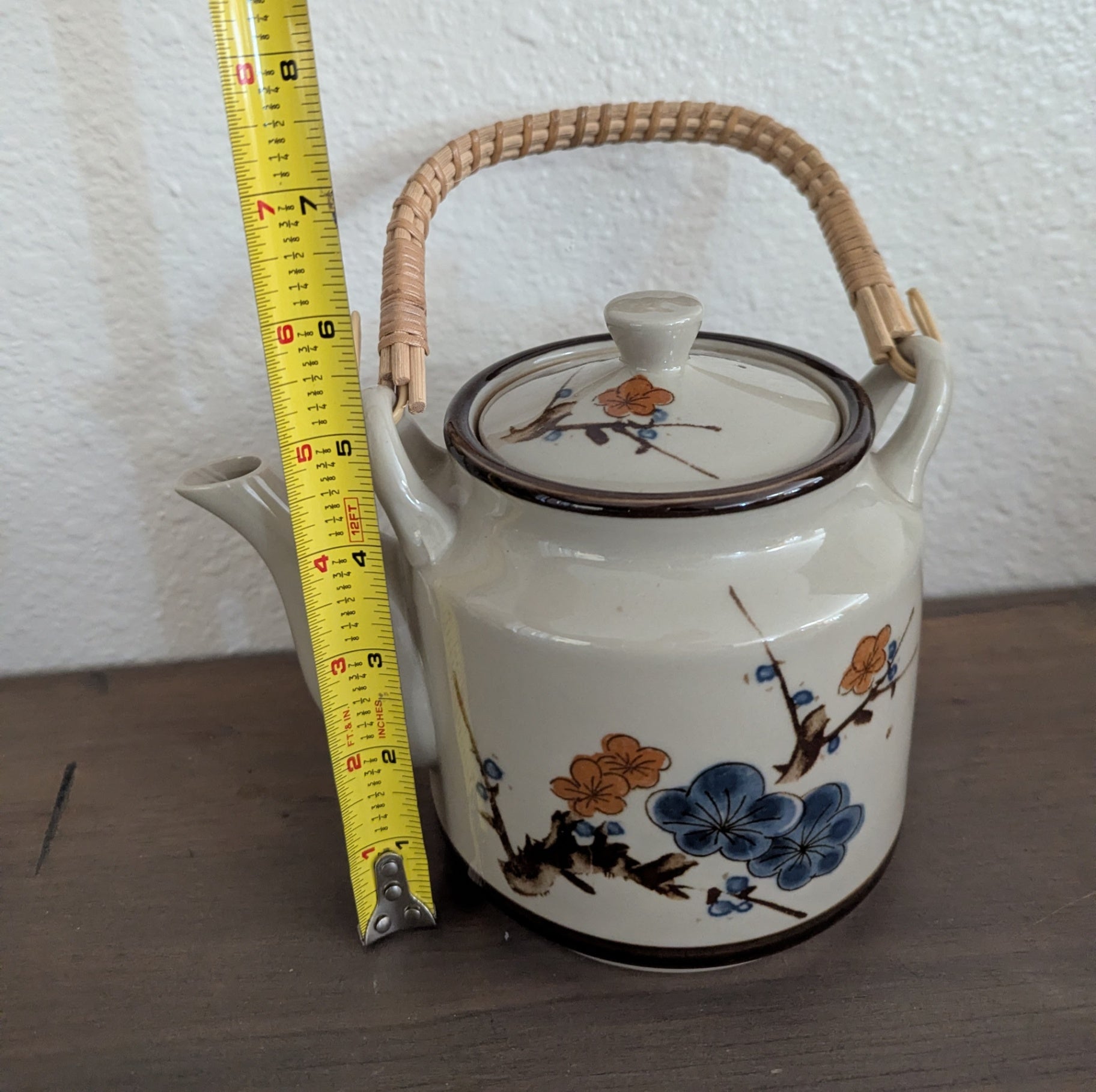 Vtg. Otagiri Hand-Painted Teapot with Woven Bamboo Handle