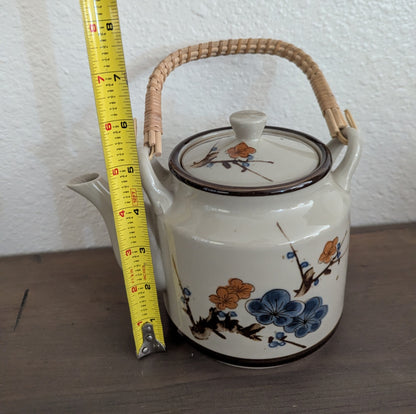 Vtg. Otagiri Hand-Painted Teapot with Woven Bamboo Handle