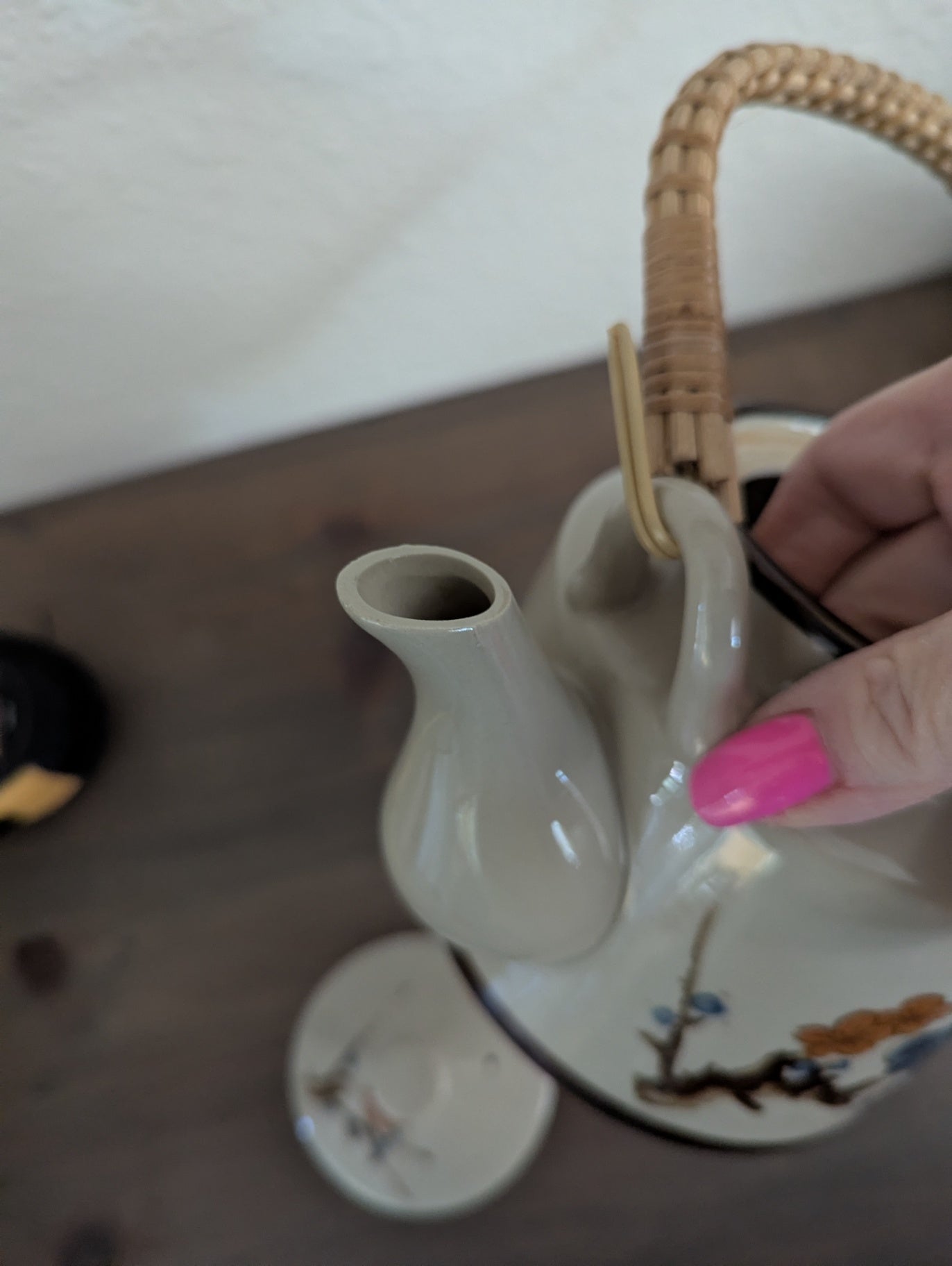 Vtg. Otagiri Hand-Painted Teapot with Woven Bamboo Handle