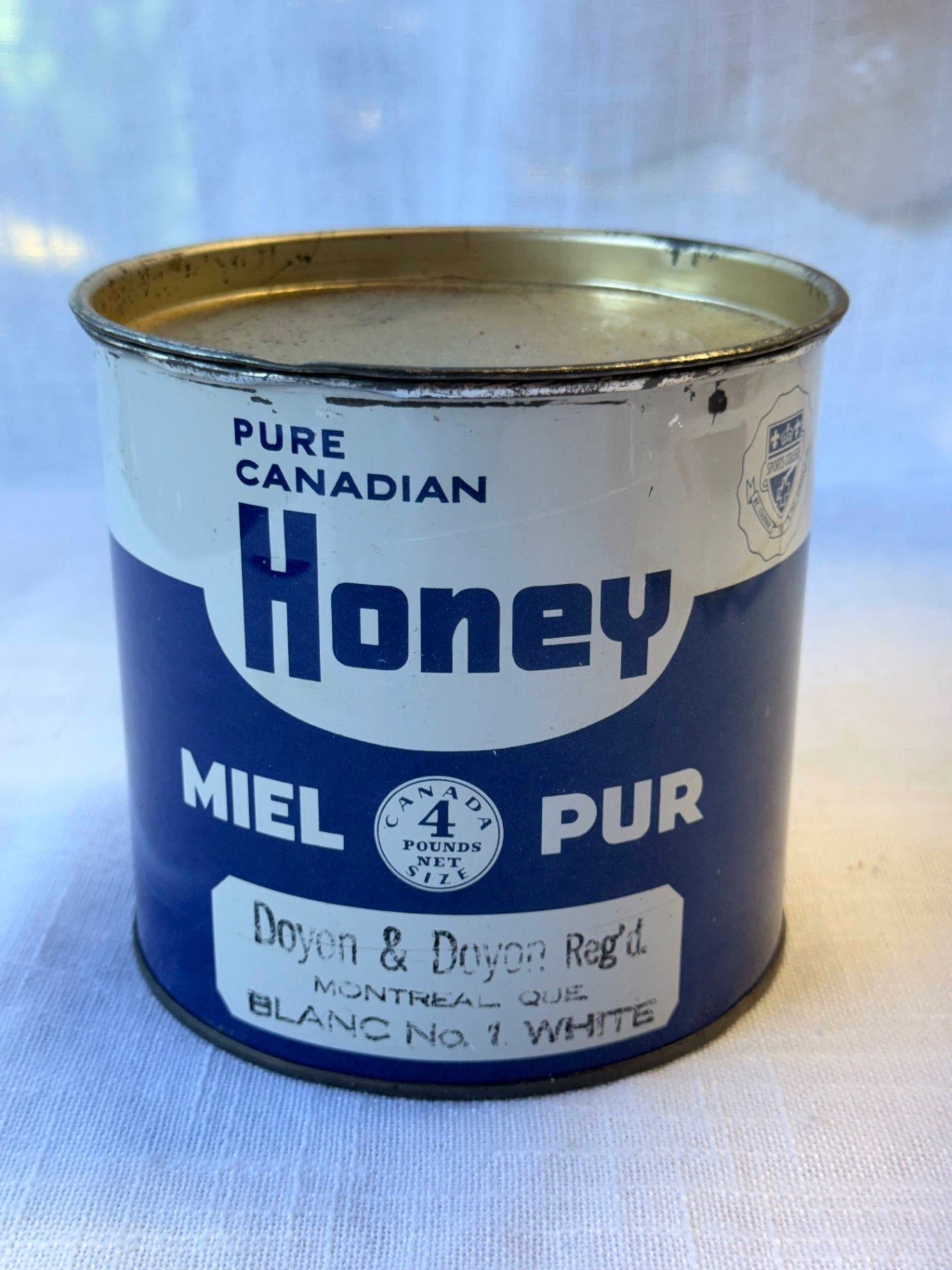 Vintage 4 lb Pure Canadian Honey Tin Can | Doyon & Doyon Montreal Québec | Bilingual Advertising