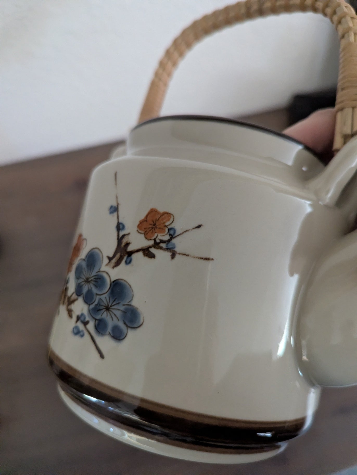 Vtg. Otagiri Hand-Painted Teapot with Woven Bamboo Handle