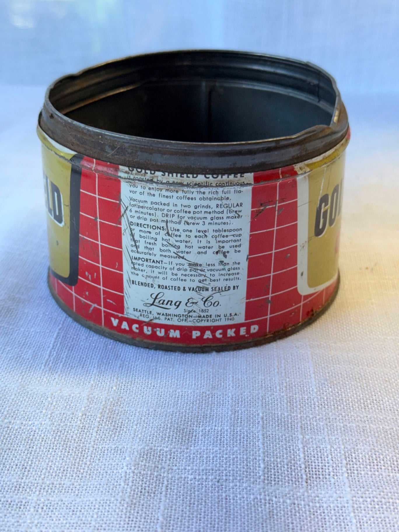 Vintage 1940 Gold Shield Coffee Tin | Lang & Co. Seattle, WA | Mid-Century Advertising