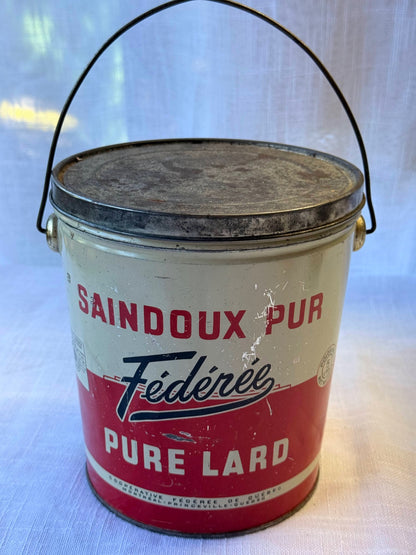 Vintage Bilingual Fédérée 5lb Pure Lard Tin Pail with Lid & Handle | Québec Farmhouse Decor