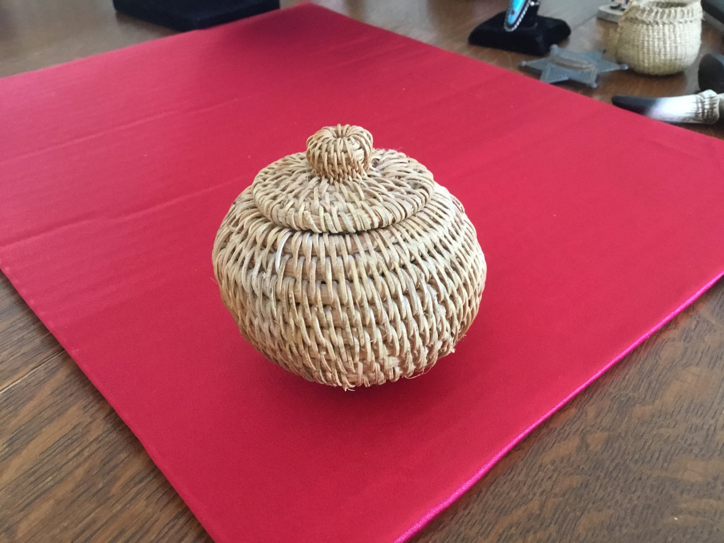 Miniature, rattan basket with lid