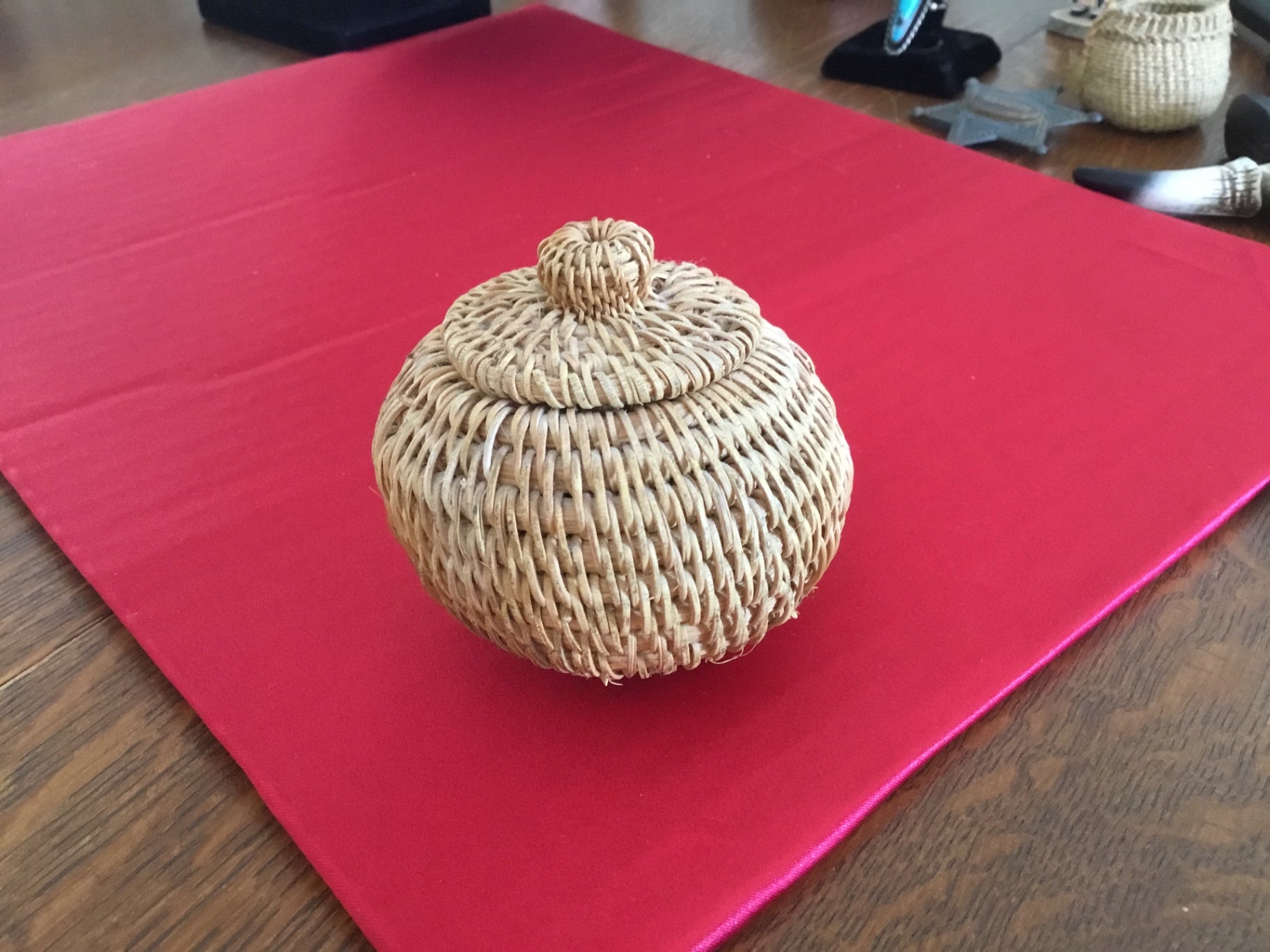 Miniature, rattan basket with lid