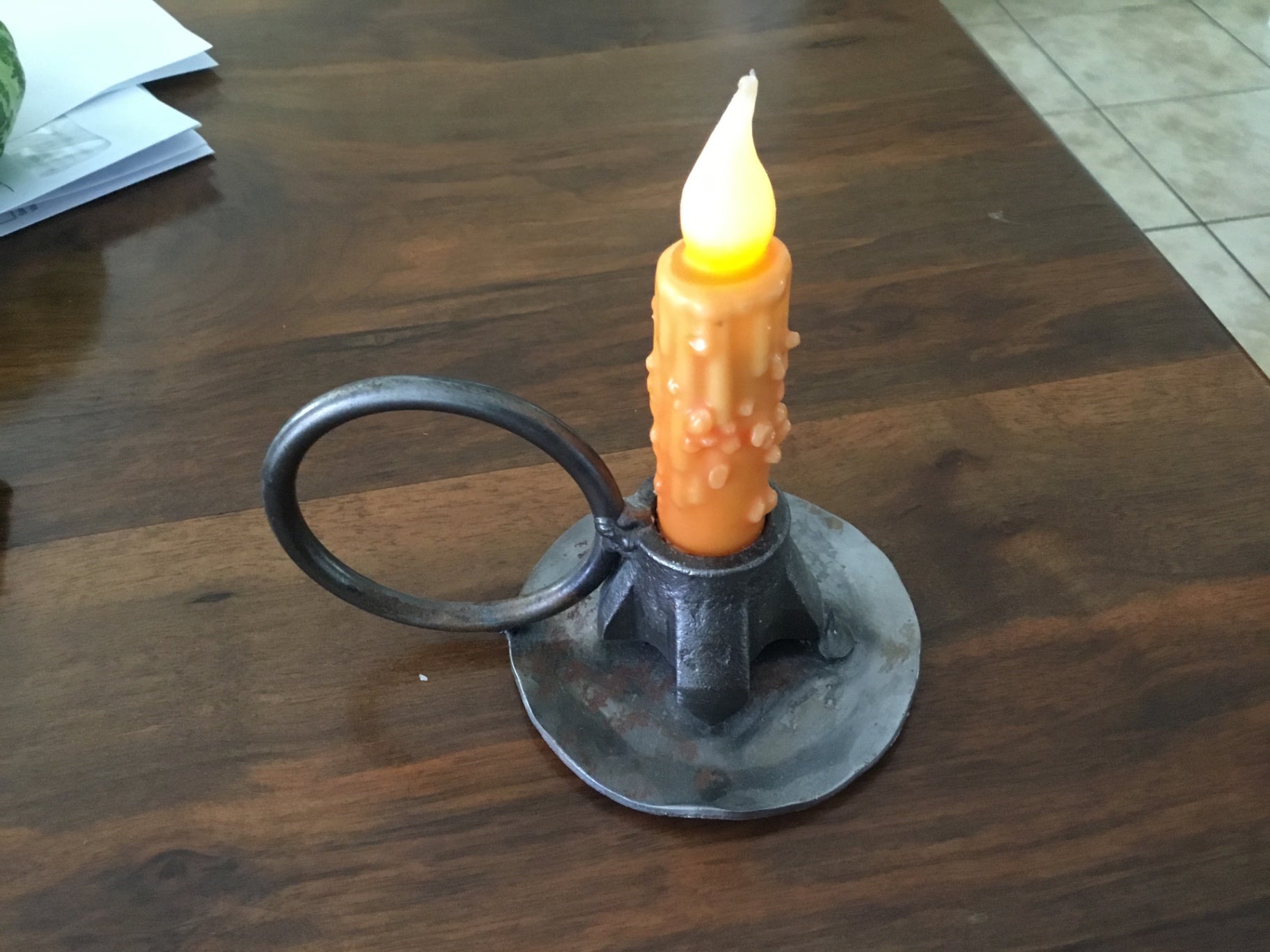Vintage, hand forged metal candlestick holder