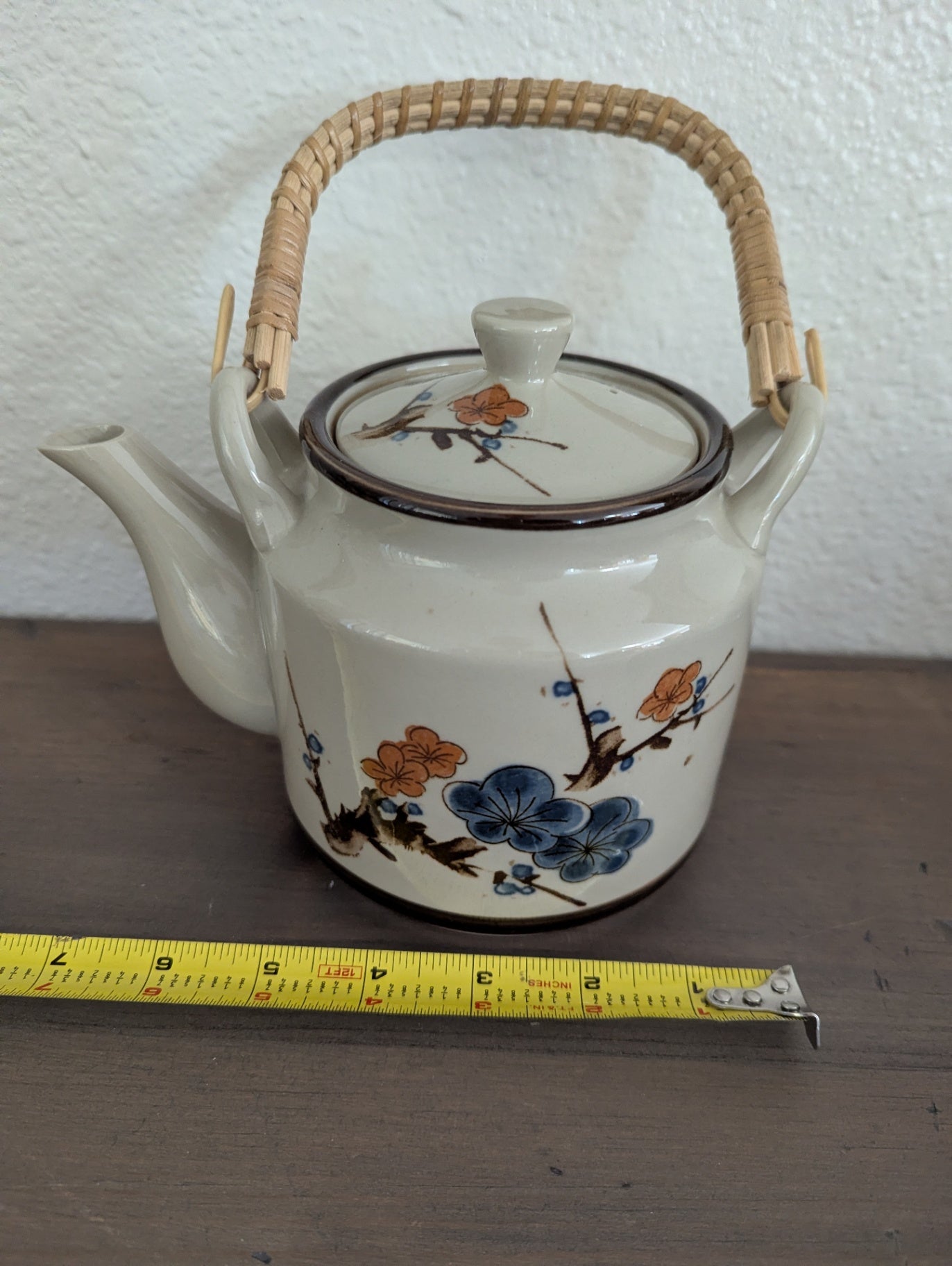 Vtg. Otagiri Hand-Painted Teapot with Woven Bamboo Handle