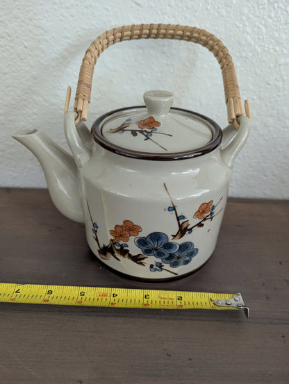 Vtg. Otagiri Hand-Painted Teapot with Woven Bamboo Handle