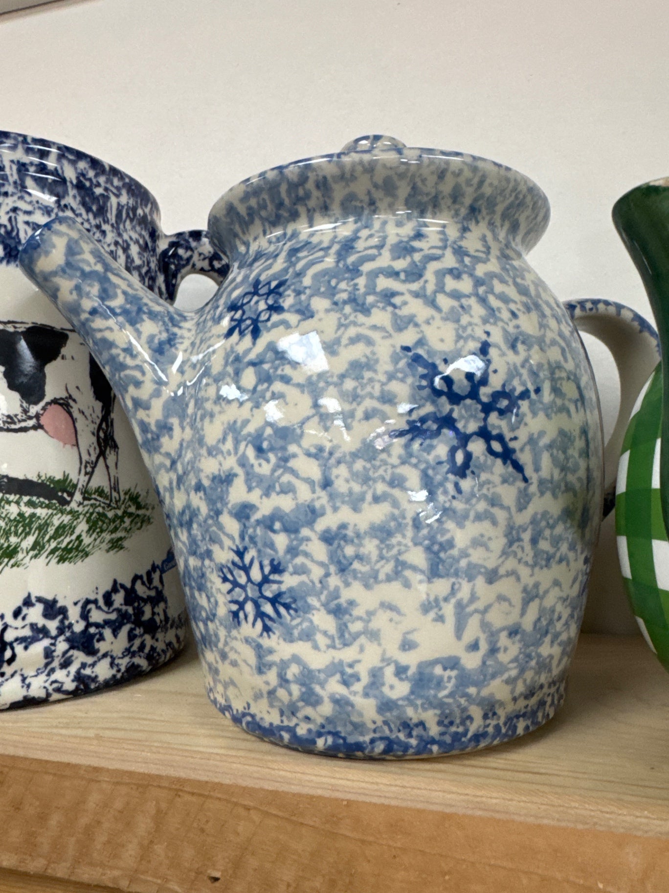 Blue sponge ware Snowflake tea pot Roseville