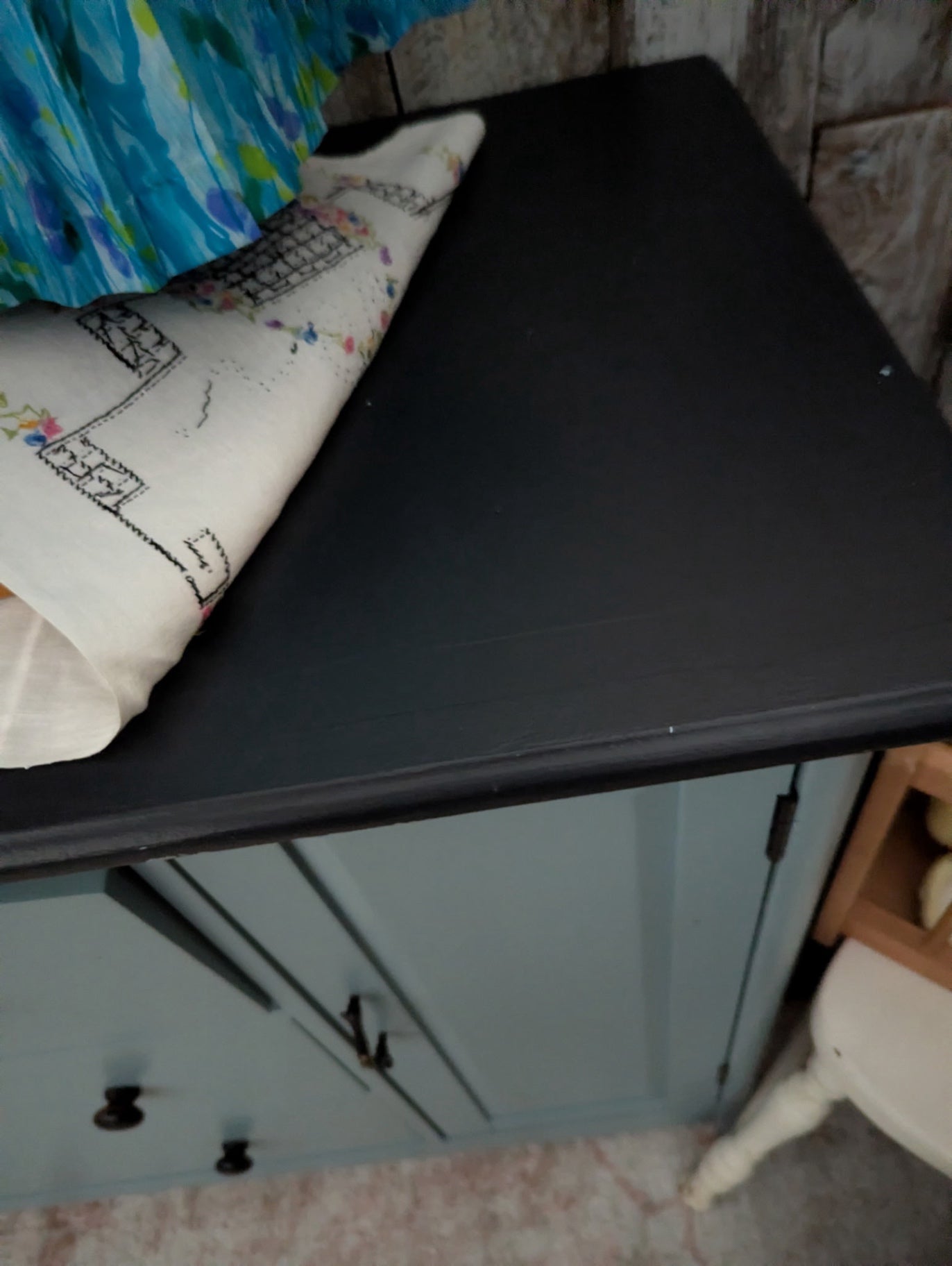 Newer wood and composite dresser painted beautifully blue w/black top