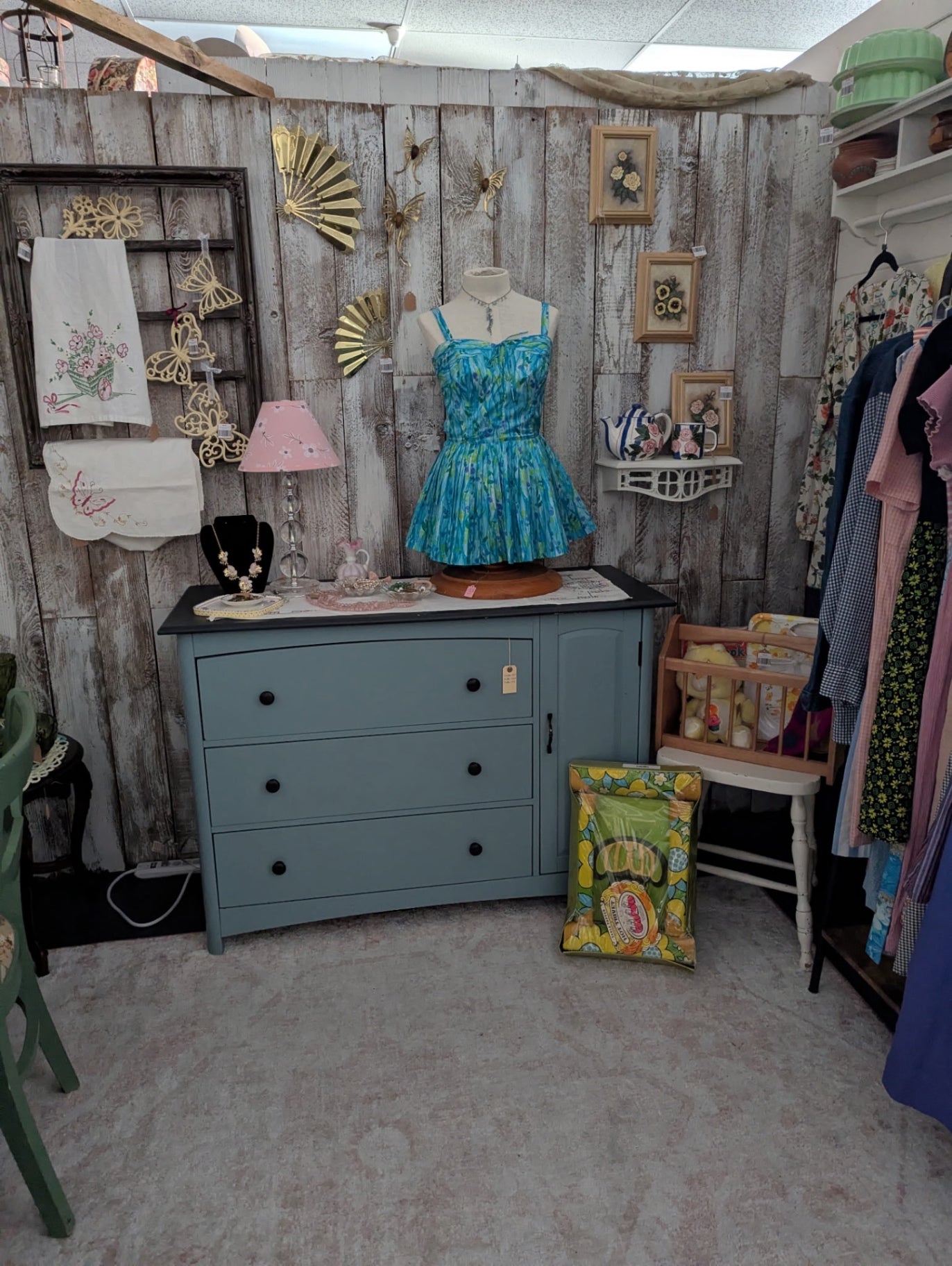 Newer wood and composite dresser painted beautifully blue w/black top