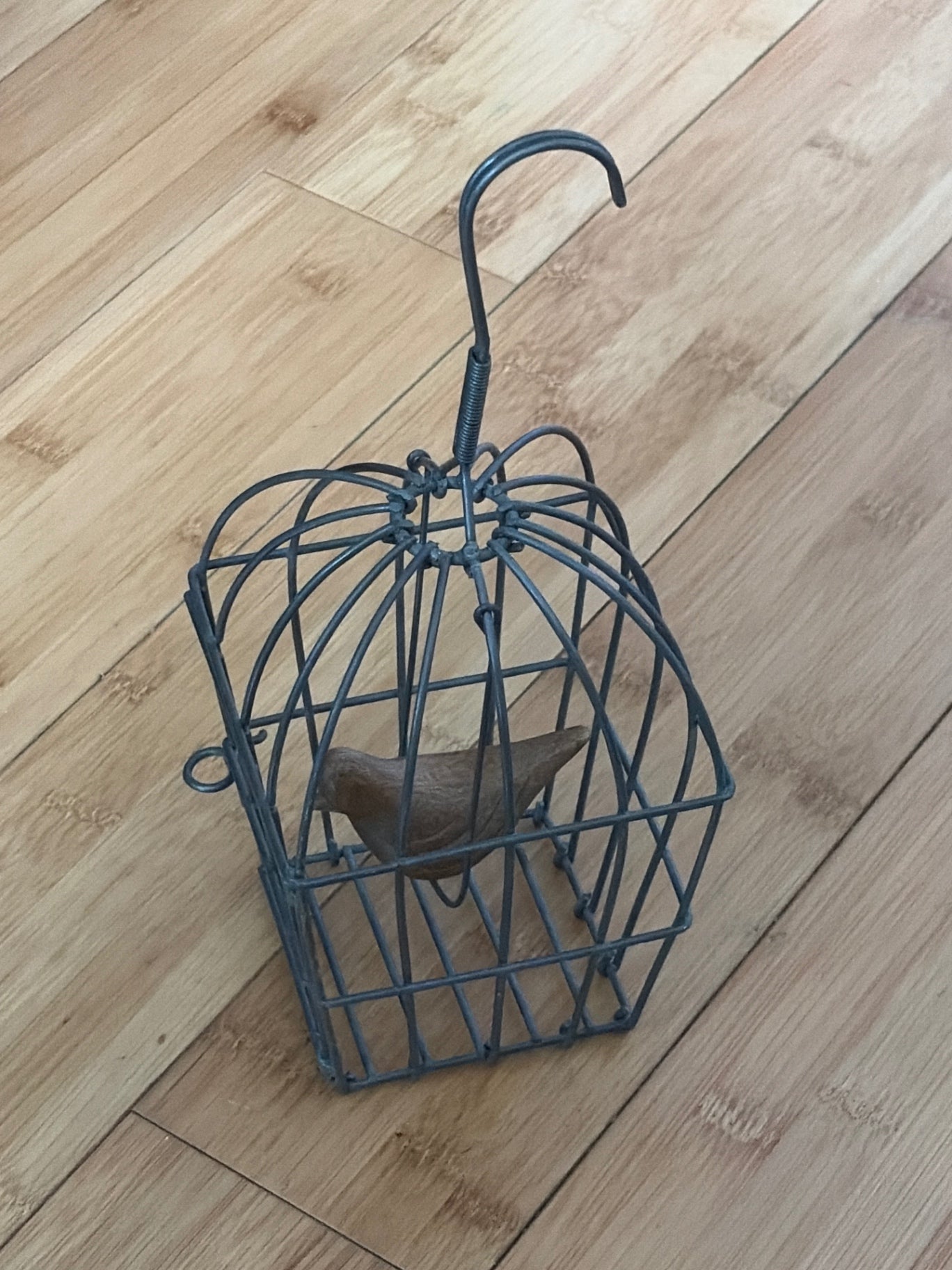 Wooden bird in a metal birdcage