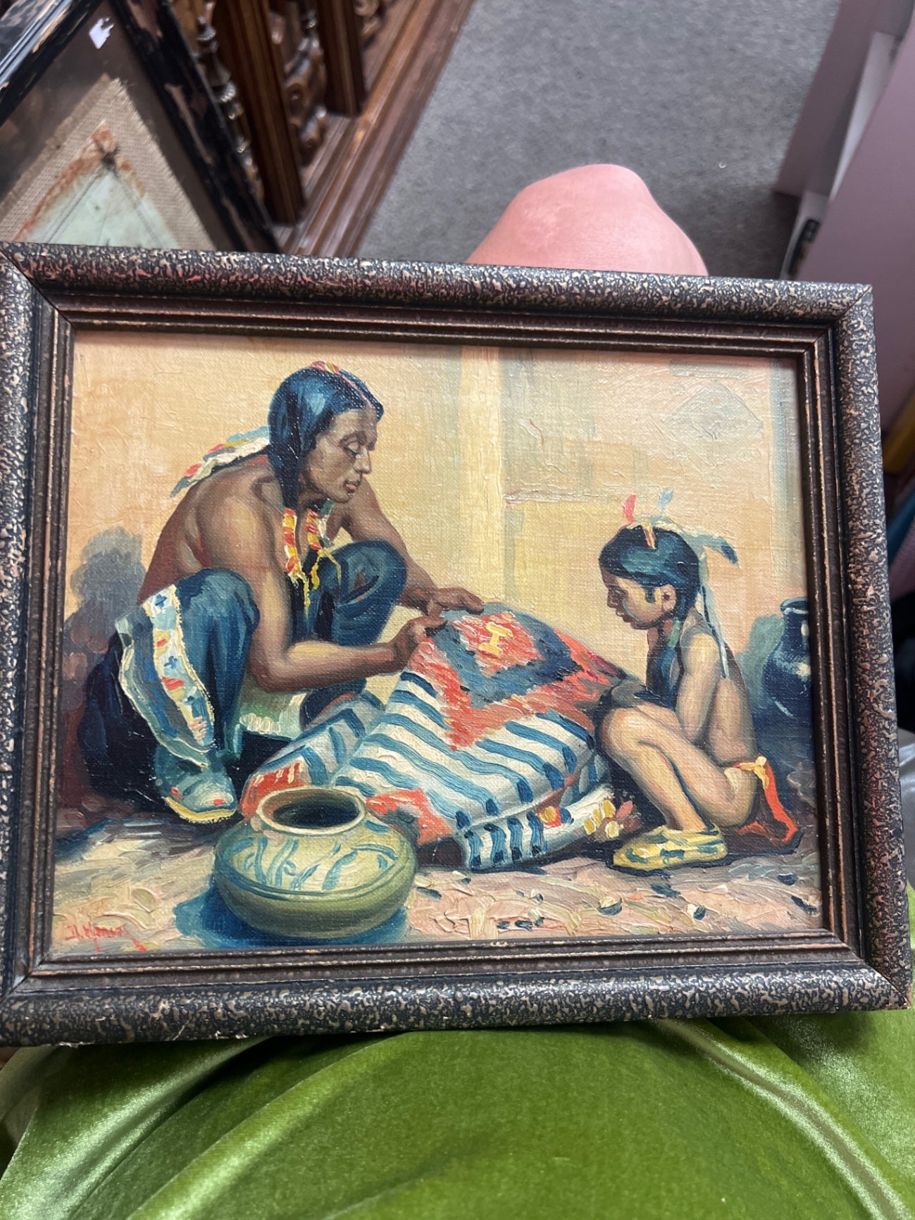 Two Natives with Blanket & Vase hand painted 