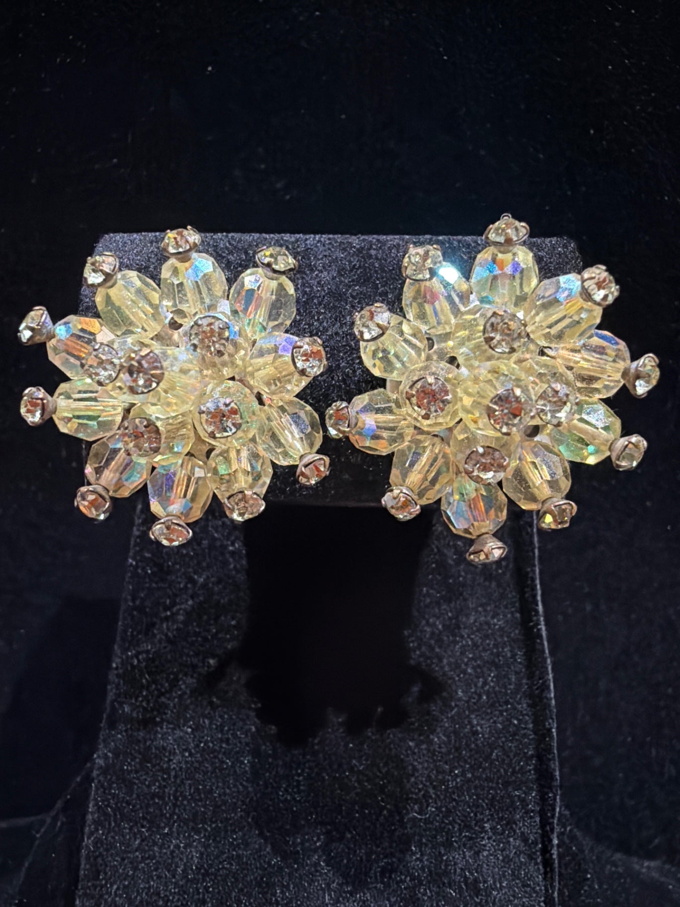 Vintage yellow AB cluster clip on earrings