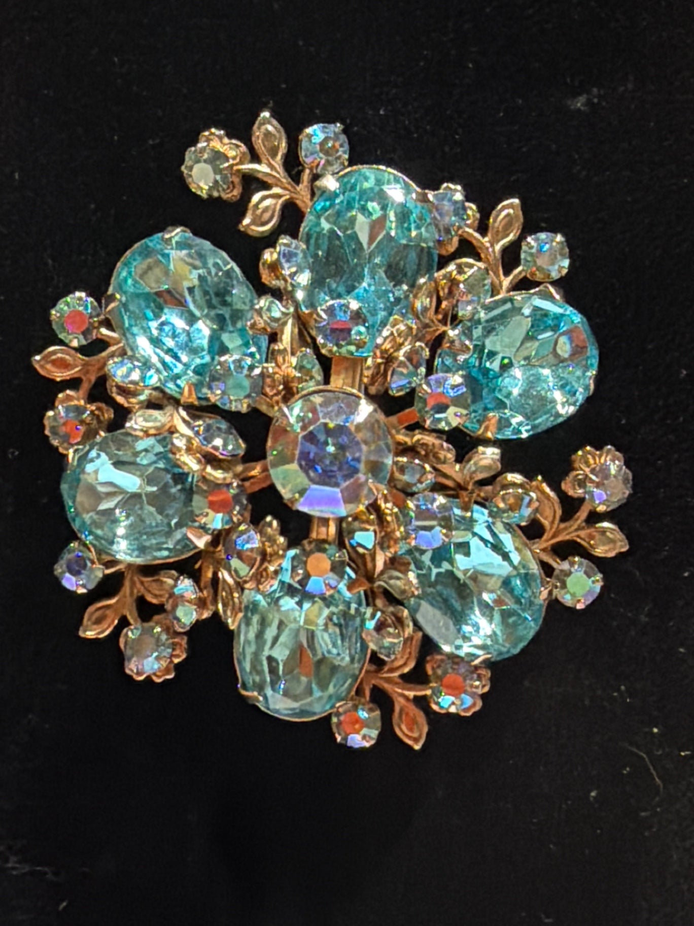 Aqua AB rhinestone flower brooch