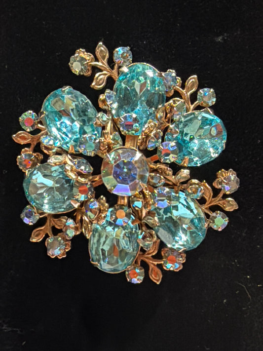 Aqua AB rhinestone flower brooch