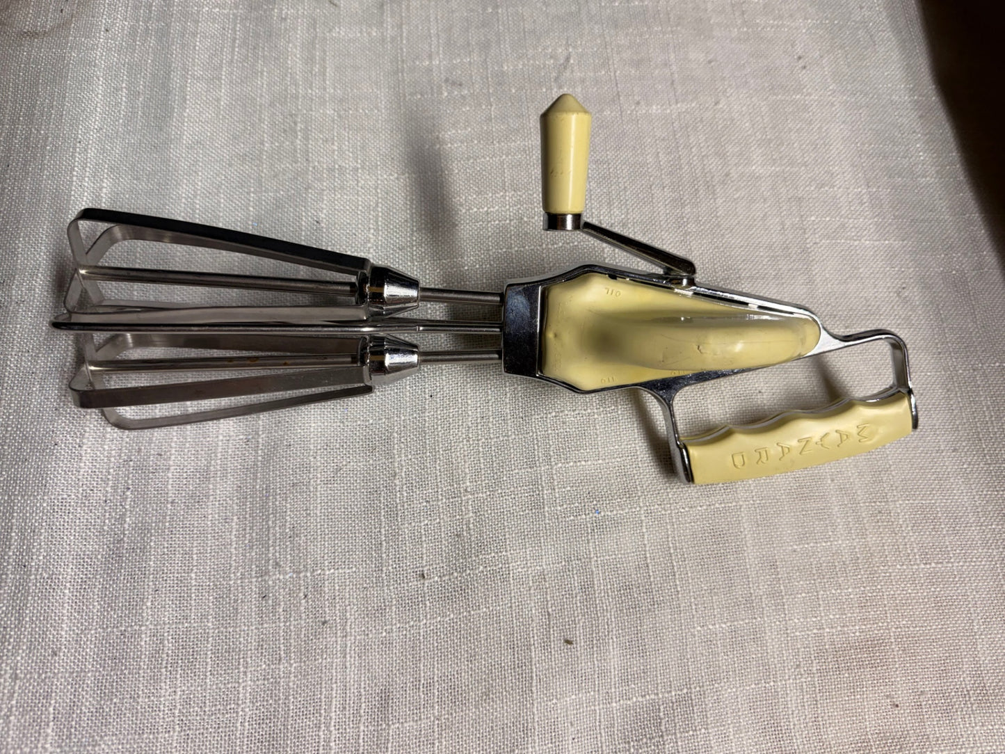 Vintage Maynard Hand-Crank Egg Beater | Mid-Century Butter Yellow Hand Mixer