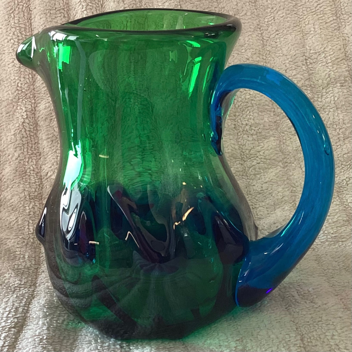  Vintage collectible Emerald Green and Blue handled Pitcher