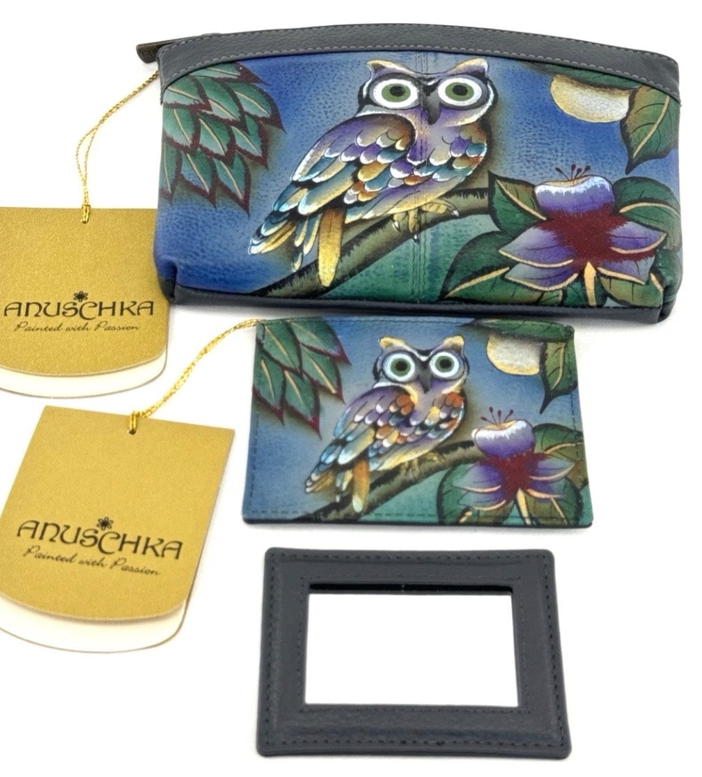 Anuschka 3 Piece Zip Cosmetic Bag & Mirror Case MIDNIGHT OWL