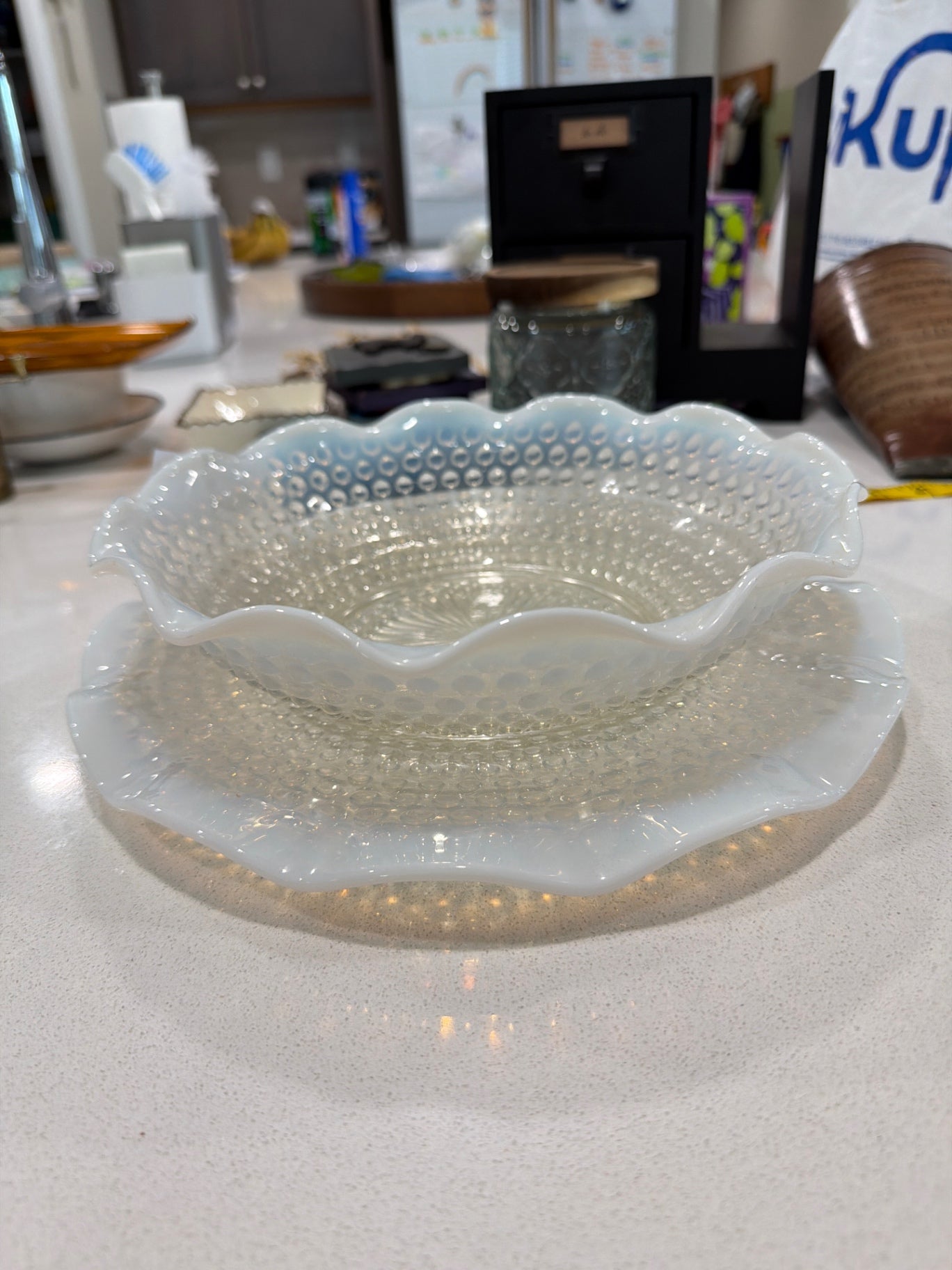 Vintage Opalescent White Moonstone Hobnail Anchor Hocking Bowl and Tray