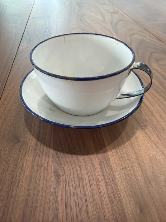 1930's 4" Diameter White w/Blue Rim Enamelware Cup & Saucer