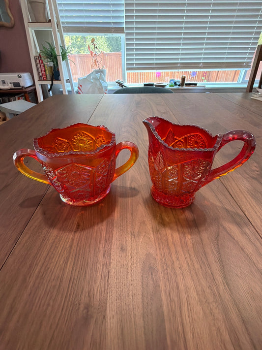 Vintage Carnival Amberina Glass By Indiana Glass Heirloom Series Sunset Red Creamer & Sugar set