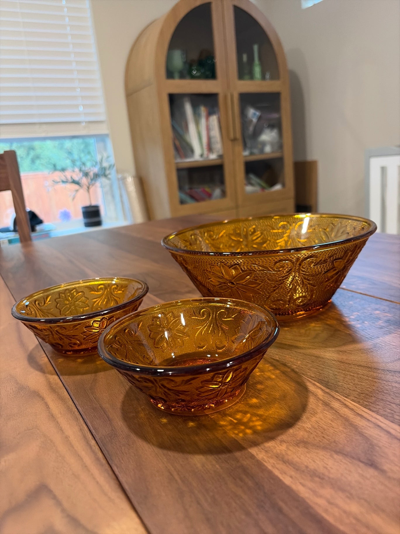 Indiana Tiara Amber Glass Set of 3 Serving Bowls - 8.5”, 4.75”, 4.75” Diameters