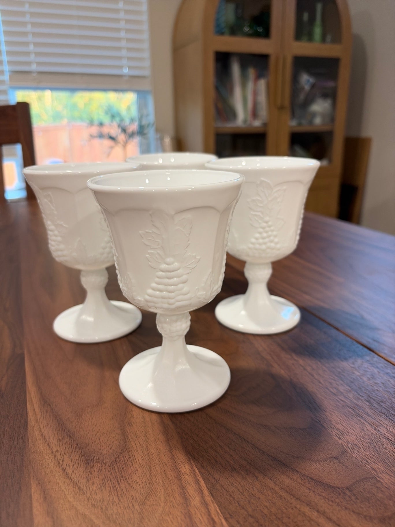 [Set of 4] Vintage Indiana Colony Harvest Grape Milk Glass Footed Water Goblets 5 1/4"
