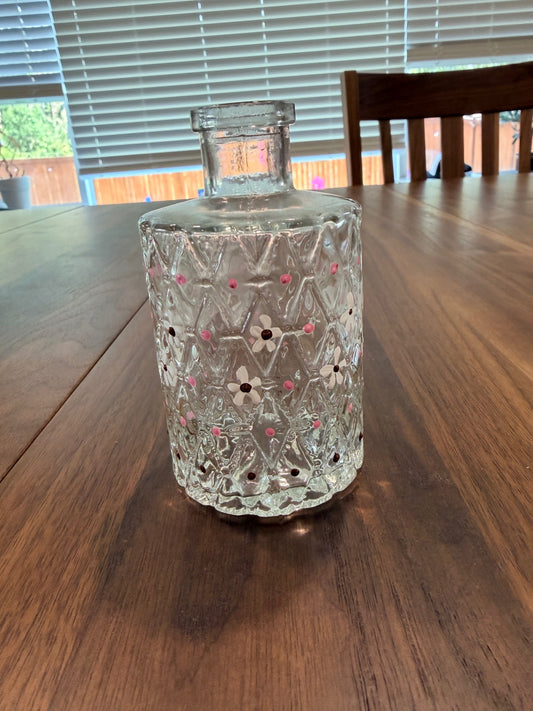 4.5" Tall Handpainted "White Daisies w/ Pink & Brown Dots" Embossed Bud Vase