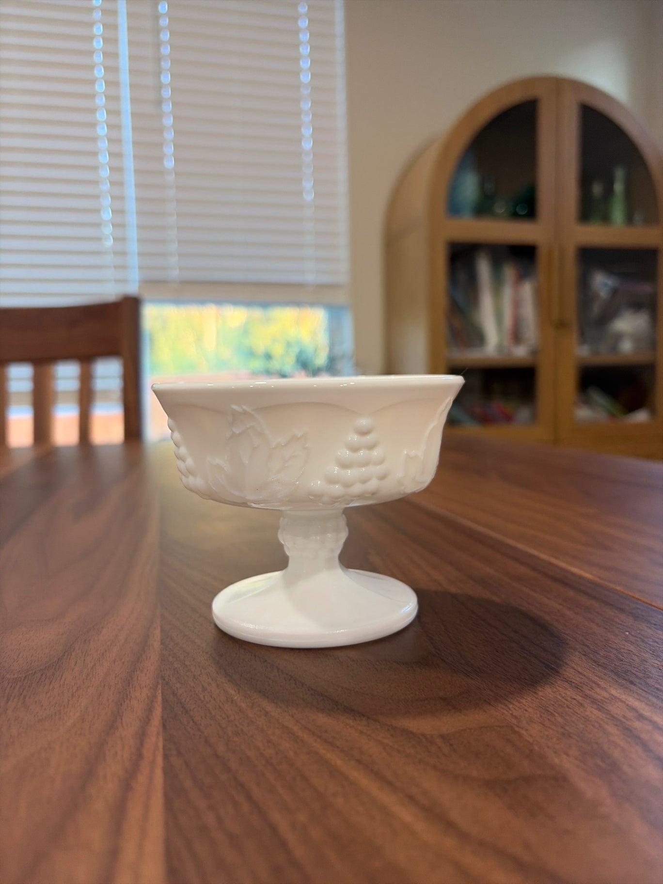Vintage White Milk Glass Bowl Compote Grapes Leaves Footed Pedestal 3 3/8"