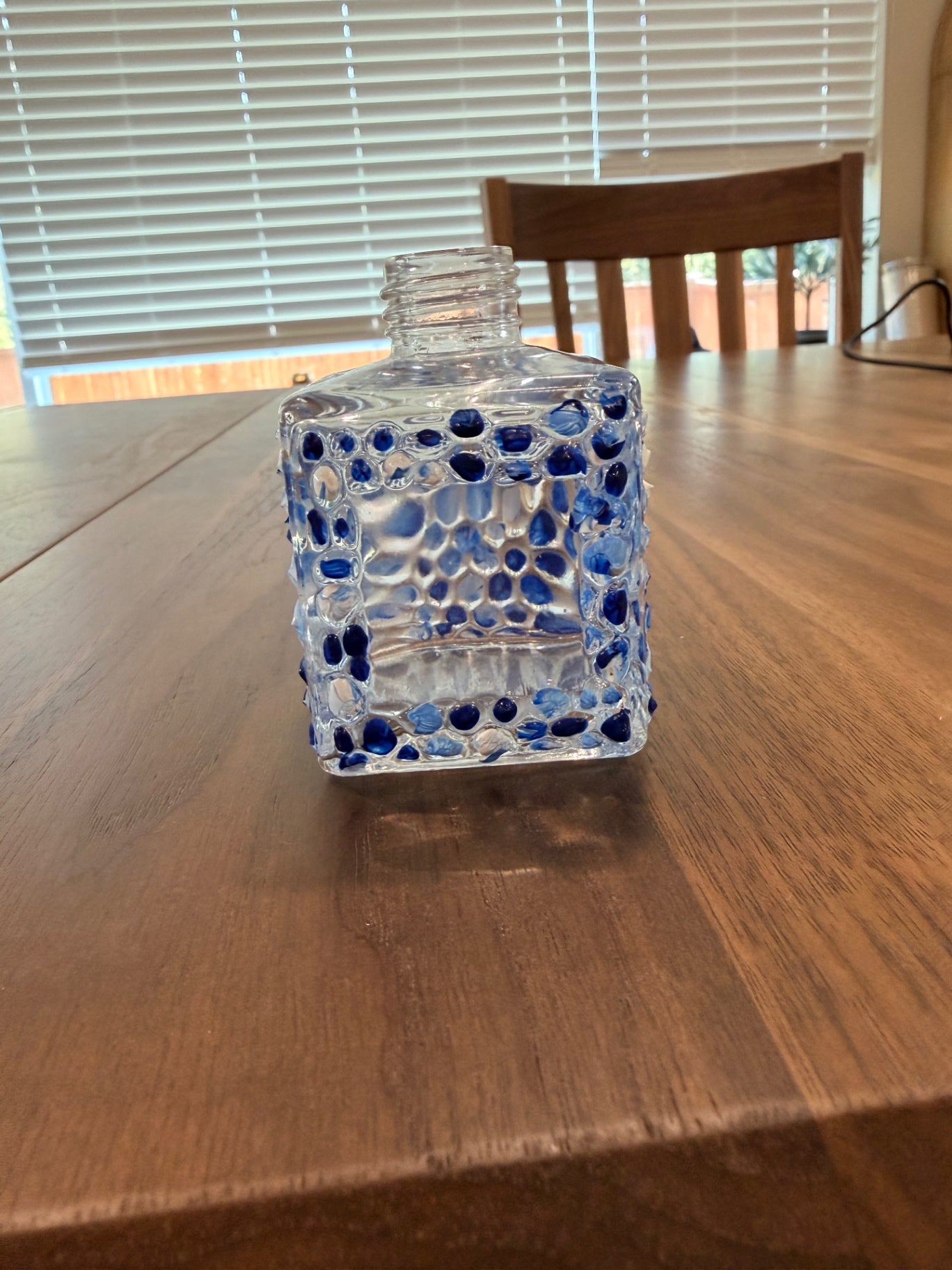 3" Tall Square Handpainted "Blue and White Pebbles" Embossed Glass Bud Vase