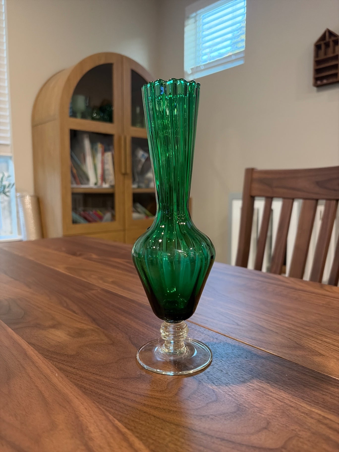 9.75” Emerald Green Glass Blown Footed Bud Vase