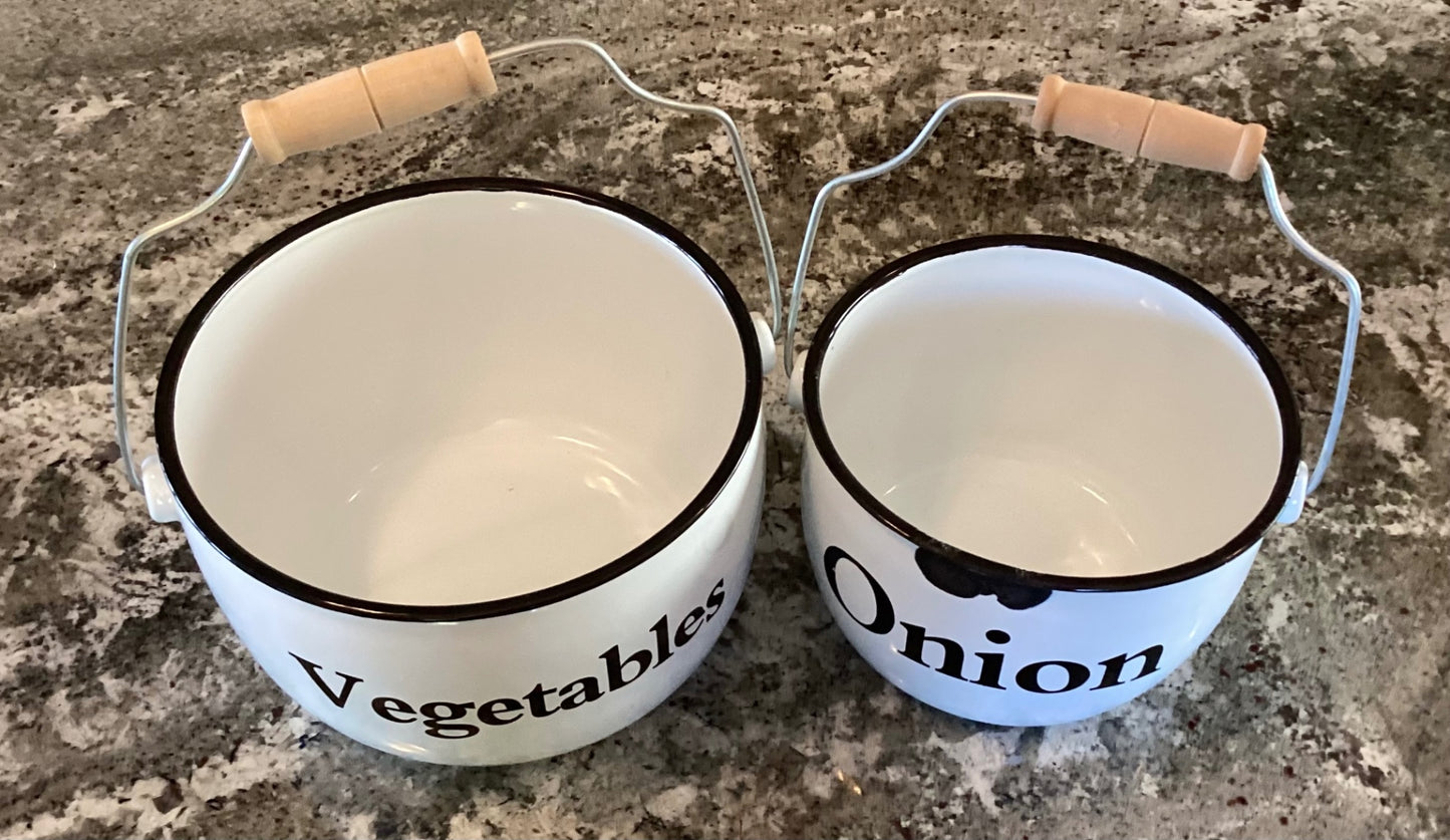 Metal buckets with wooden handles