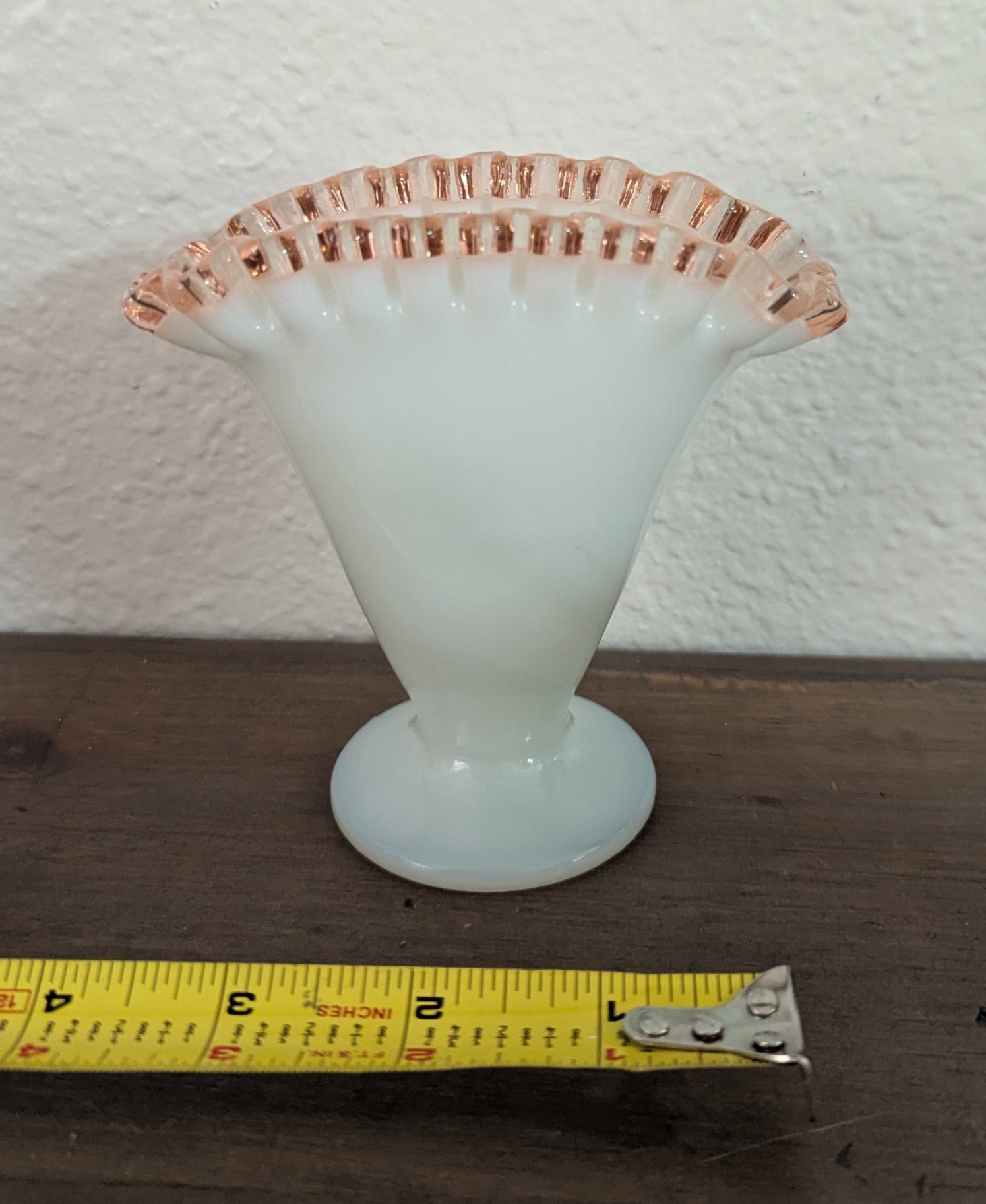 1940's Fenton Art Glass Rose Crest Fan Vase  Milk Glass 