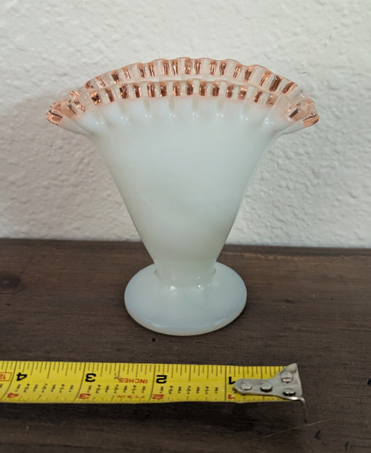 1940's Fenton Art Glass Rose Crest Fan Vase  Milk Glass 