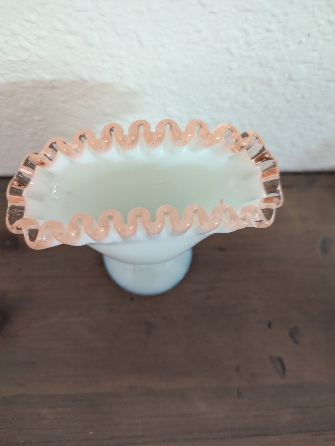 1940's Fenton Art Glass Rose Crest Fan Vase  Milk Glass 