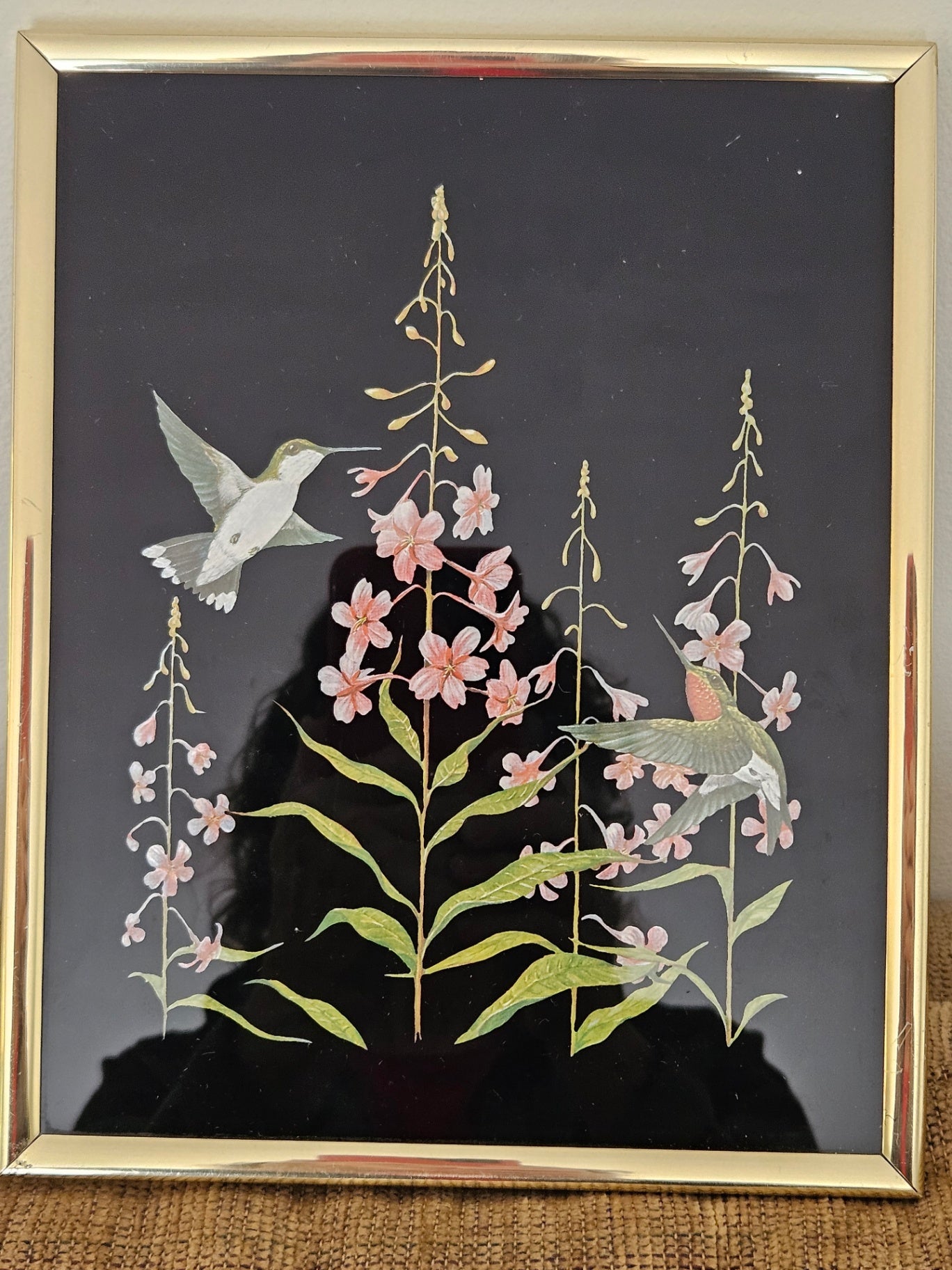 Kafka screened etching hummingbird on black background