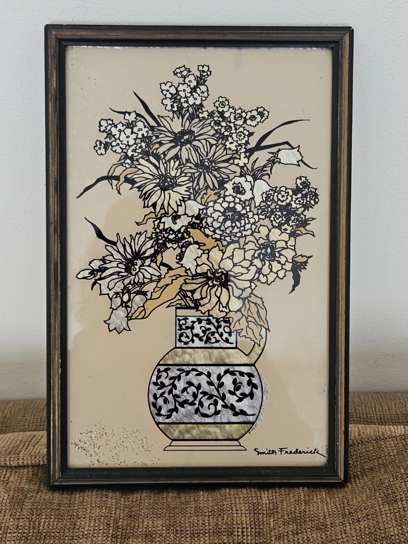 Vint reverse painted floral picture /gold and black c.1930s