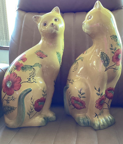 Pair of 16 inch artfully painted ceramic cats