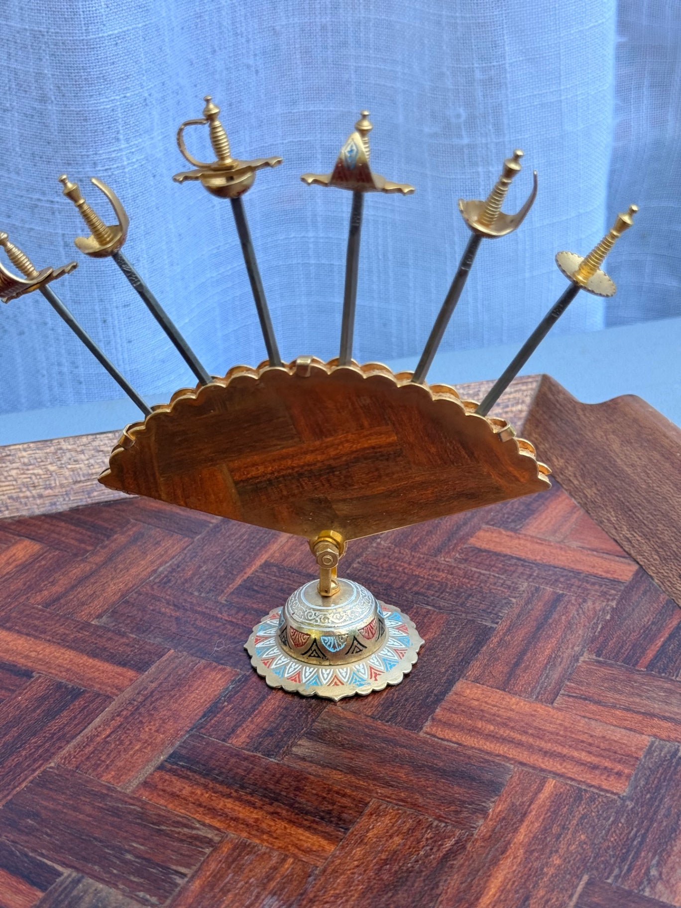 Vintage Spanish Toledo Damascene Sword Cocktail Pick Set | Enamel Fan Stand