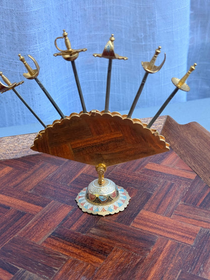 Vintage Spanish Toledo Damascene Sword Cocktail Pick Set | Enamel Fan Stand